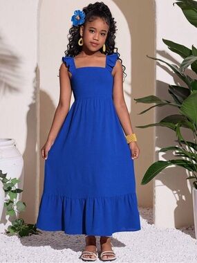 Girls' Cobalt Blue Ruffle-Strap Maxi Dress